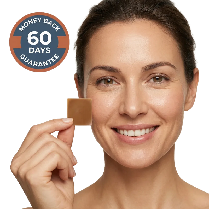 Smiling woman holding supplement
